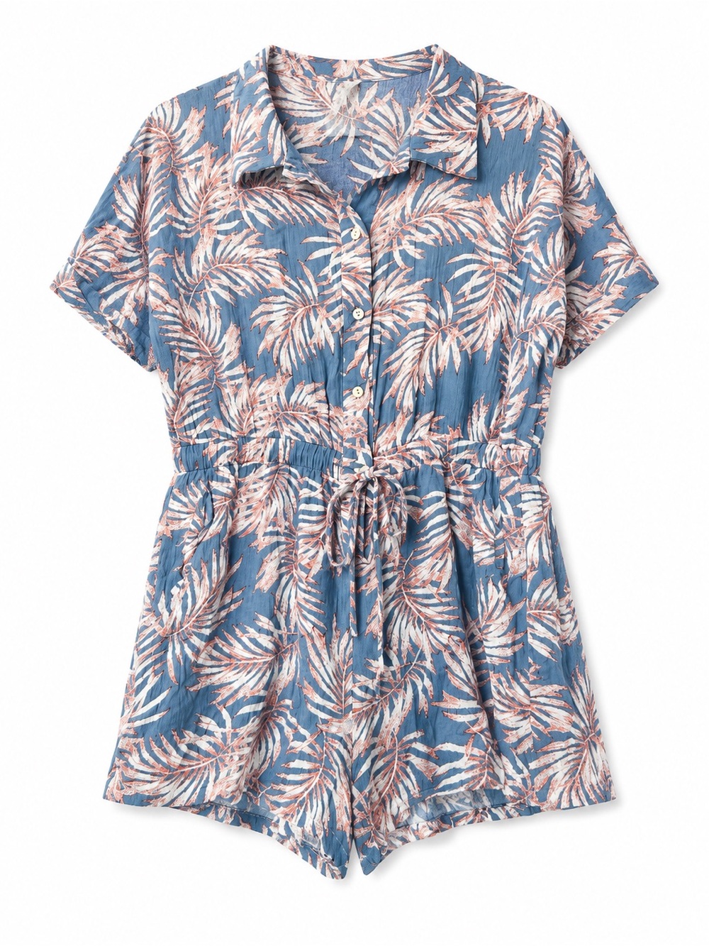 Sadie & Sage Tropical Palm Print Rayon Romper Blue Coral Tie Waist Size L